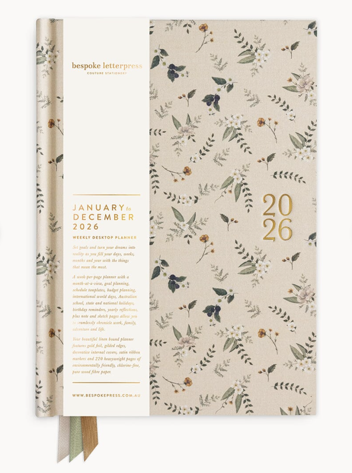 Bespoke 2026 Desktop Linen Bound Planner - Button Fern