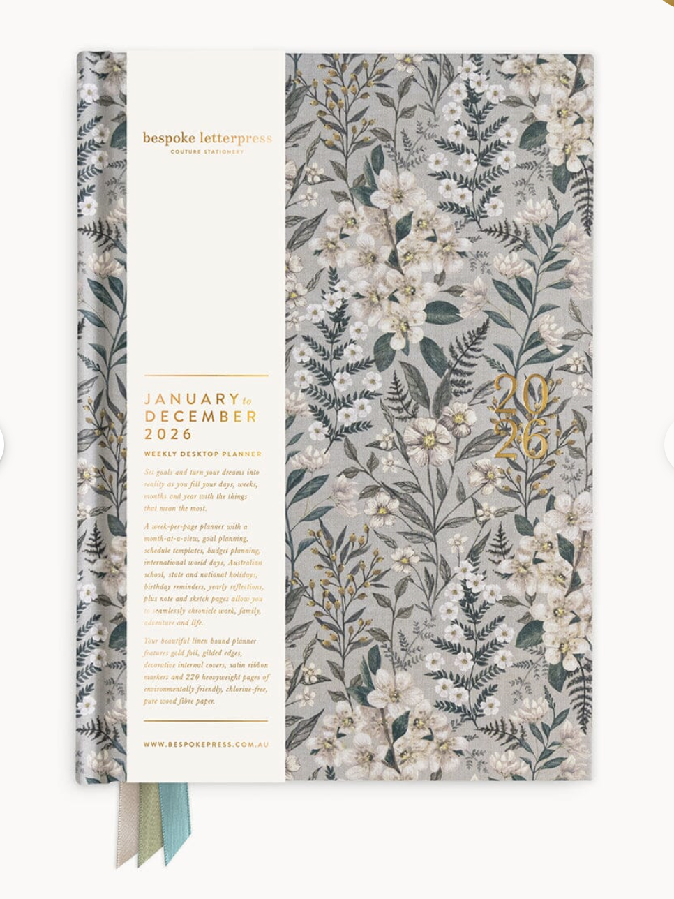 Bespoke 2026 Desktop Linen Bound Planner - Ivory Garden