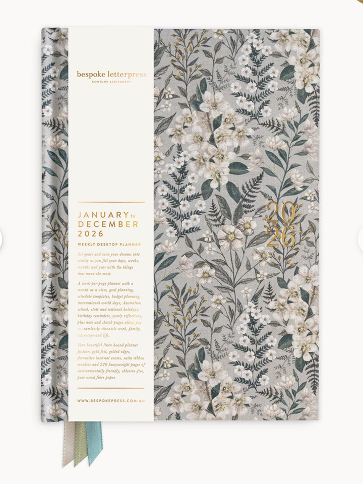 Bespoke 2026 Desktop Linen Bound Planner - Ivory Garden