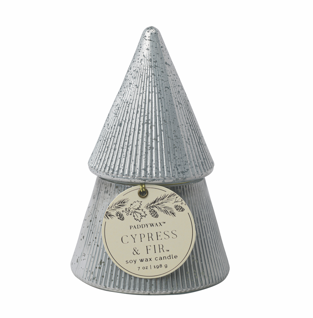 White Stacked Tree Candle - Cyprus & Fir