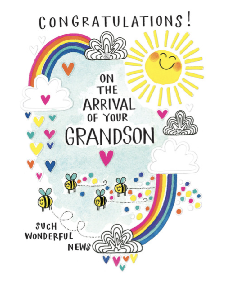 Blue Skies Card - New Grandson (embossed with Gem)
