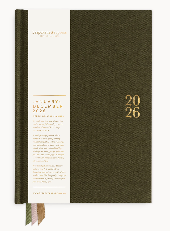 Bespoke 2026 Desktop Linen Bound Planner - Hunter Green
