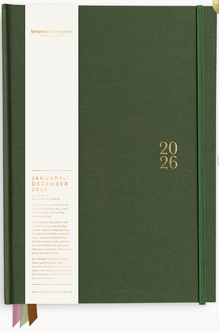Bespoke 2026 Desktop A4 Linen Bound Planner - Finch