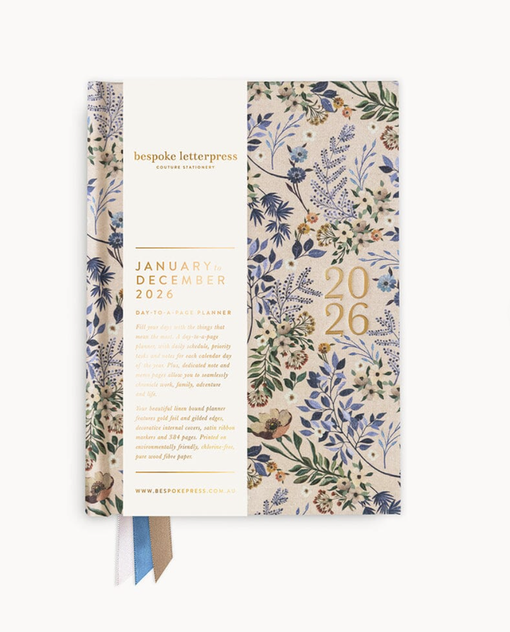 Bespoke 2026 Day to a Page Linen Bound Planner - Bluebuds