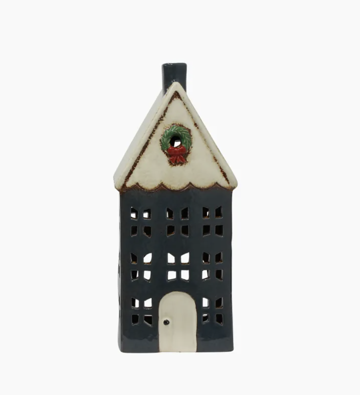 Christmas Tea Light House Blue with Wreath Large