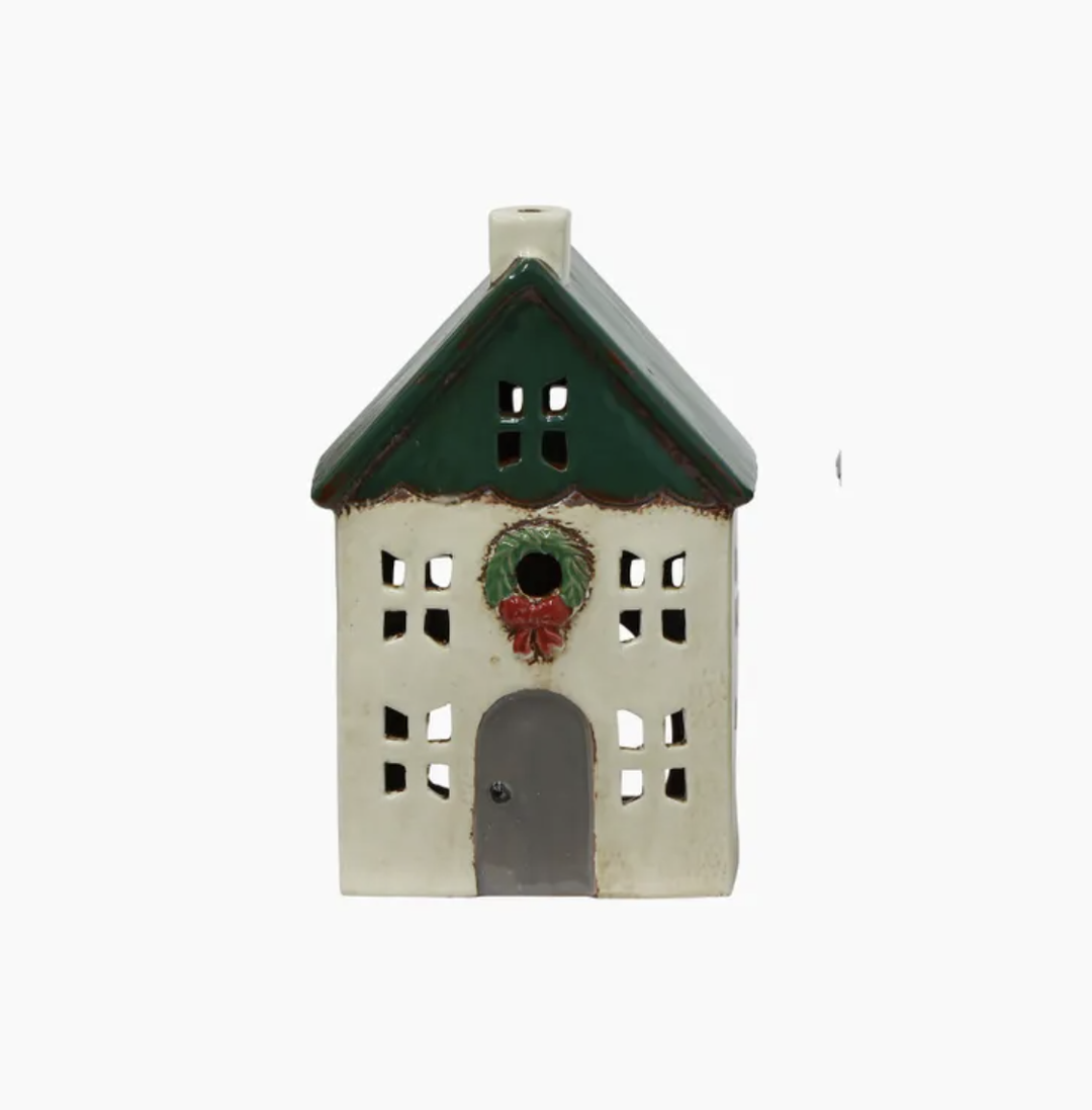 Christmas Tea Light House Green with Wreath Small