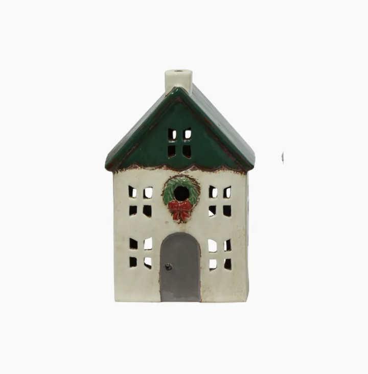 Christmas Tea Light House Green with Wreath Small