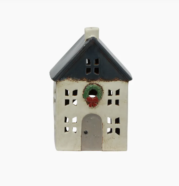 Chistmas Tea Light House Blue with Wreath Small