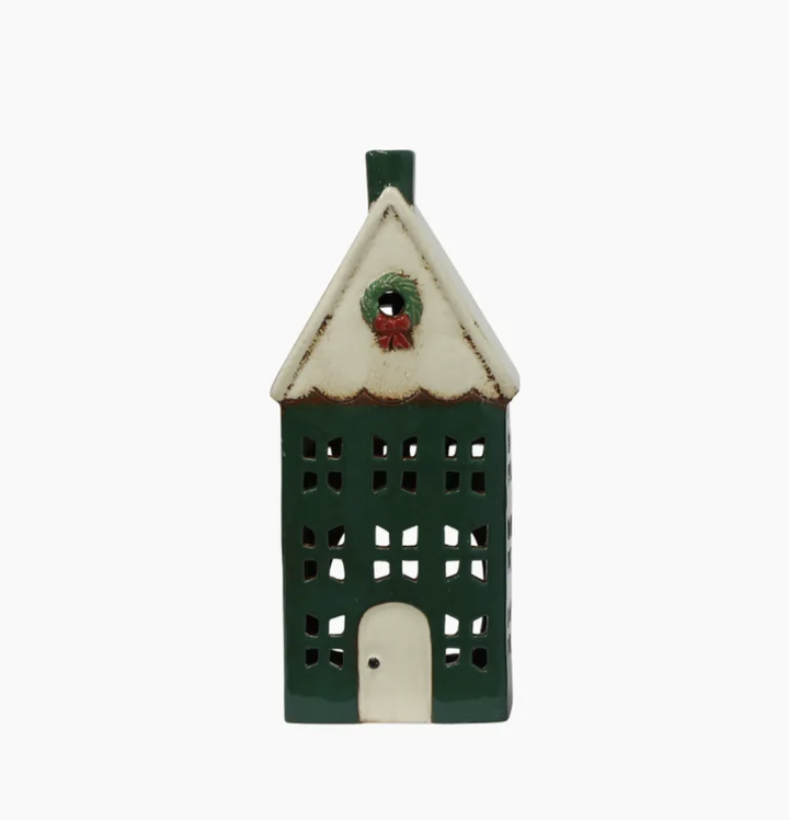 Christmas Tea Light House Green with Wreath Large