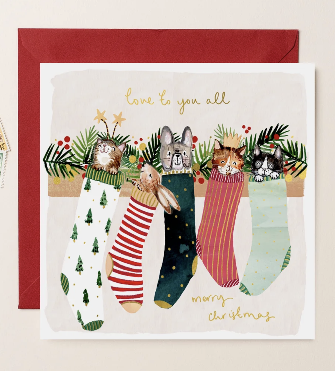 Louise Mulgrew Card  - Animals in Stockings Love To You All