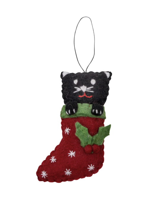 Felt Christmas Decoration - Cat in stocking-black