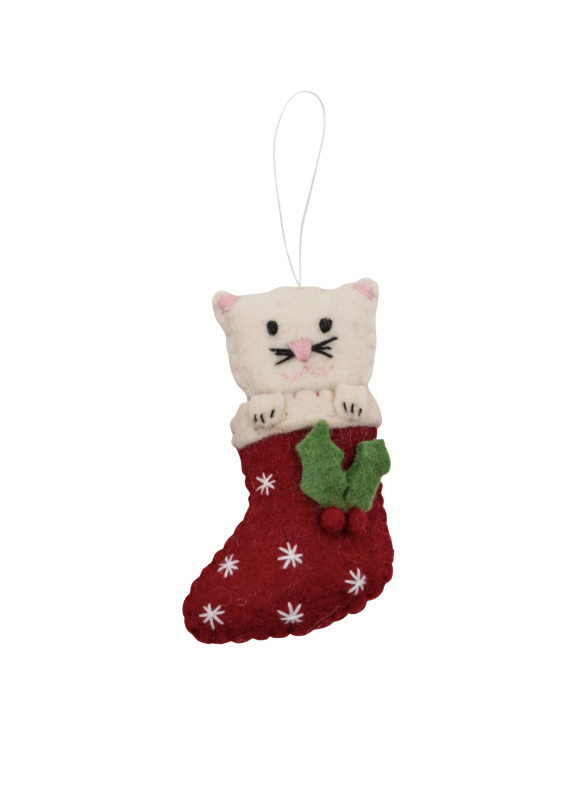 Felt Christmas Decoration - Cat in stocking-white