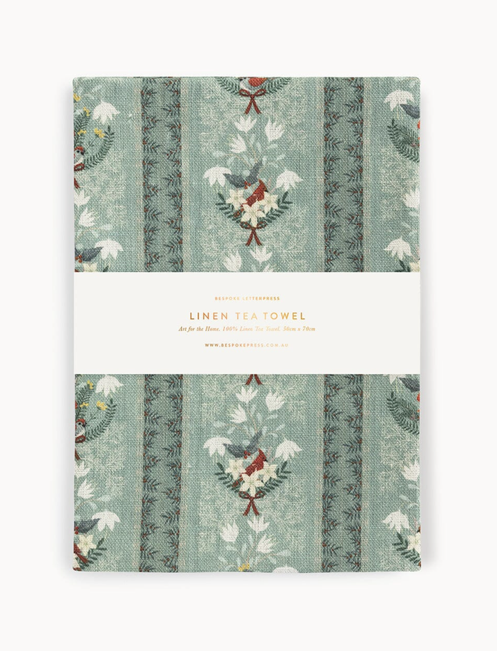 Bespoke Linen Tea Towel - Christmas Songbirds