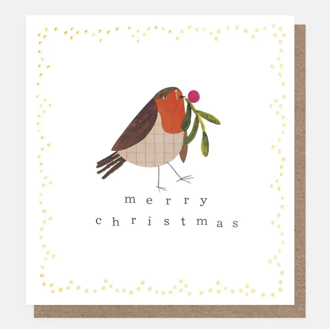 Caroline Gardner Card - Merry Christmas Robin In Gold Dotty Frame