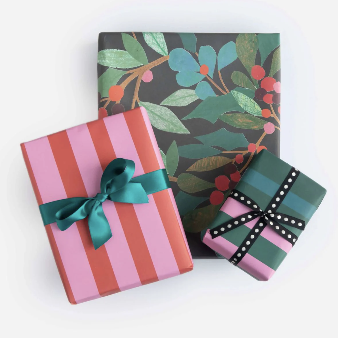 Caroline Gardner Flat Wrap - Holly & Berries On Dark/Multi Stripe Doubl