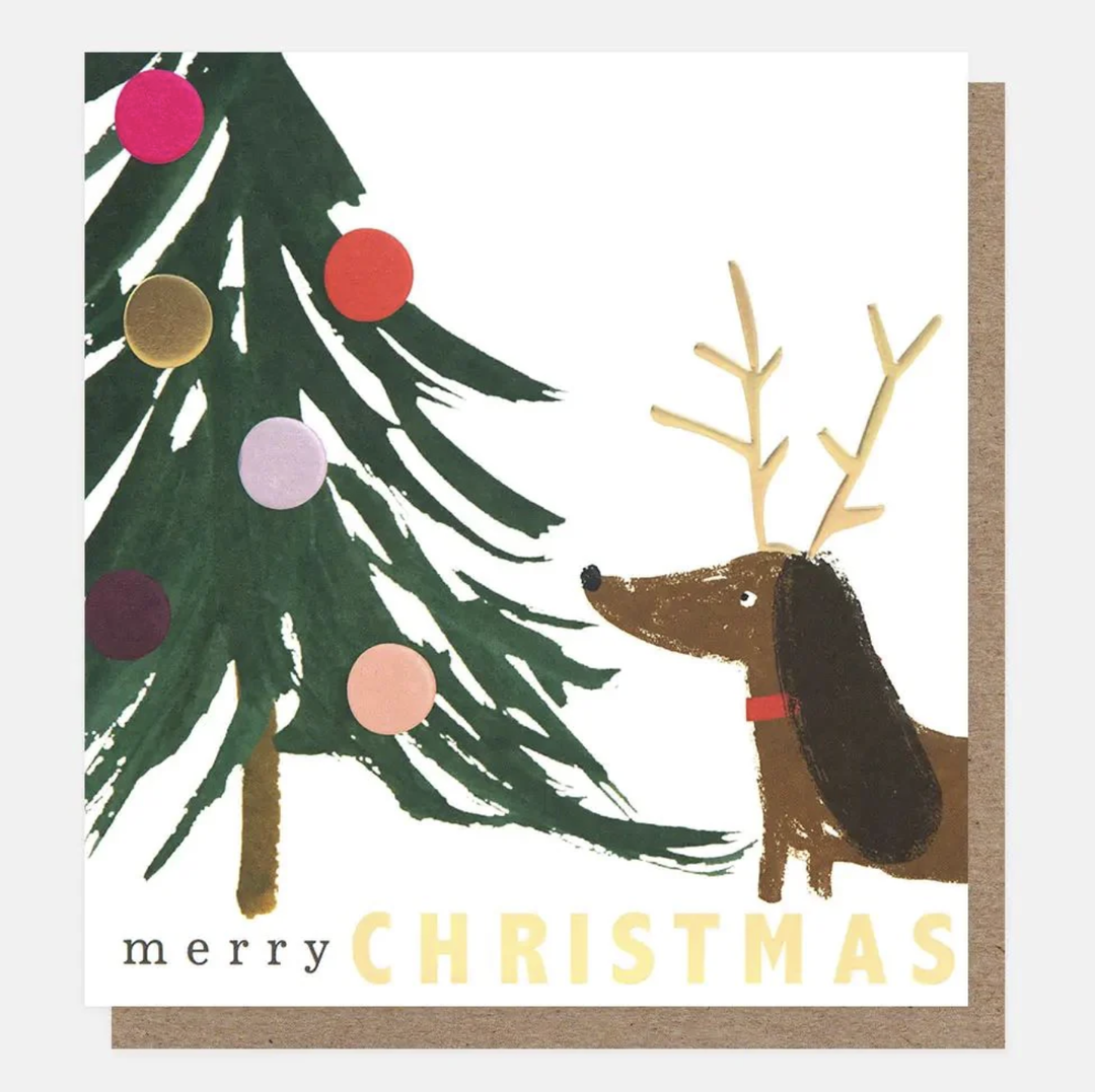 Caroline Gardner Christmas Card Pack - Merry Christmas Dog In Antlers By Tree