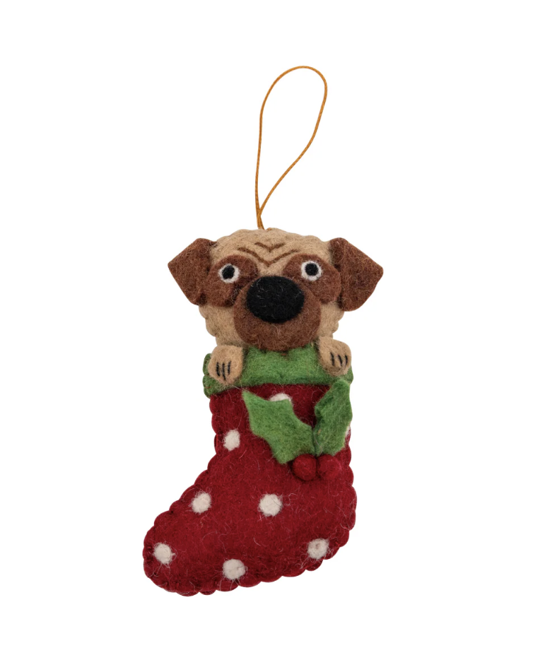 Felt Christmas Decoration - Pug in stocking
