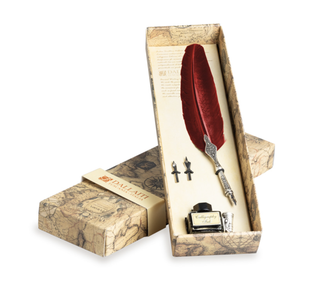 Feather Pen Set with Holder - Red