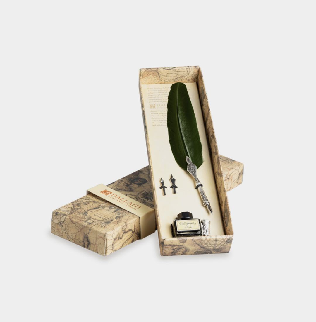 Feather Pen Set with Holder - Green