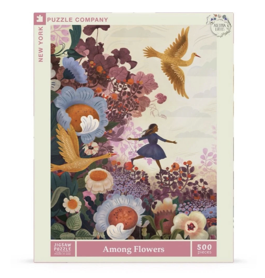 Puzzle box titled 'Among Flowers' with a colorful illustration of a woman, birds, and flowers.