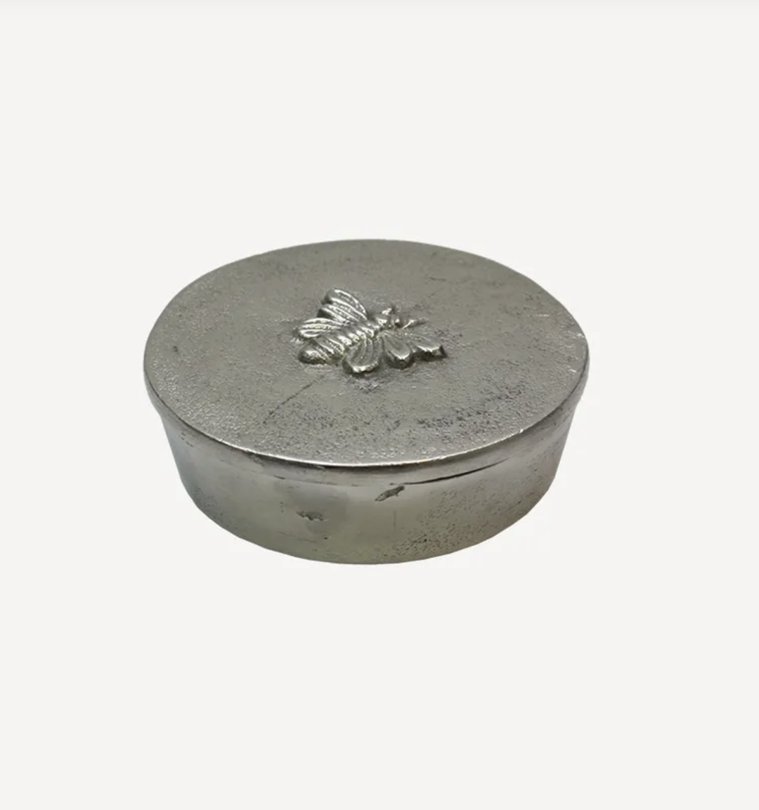 Round Silver Box with Bee Design