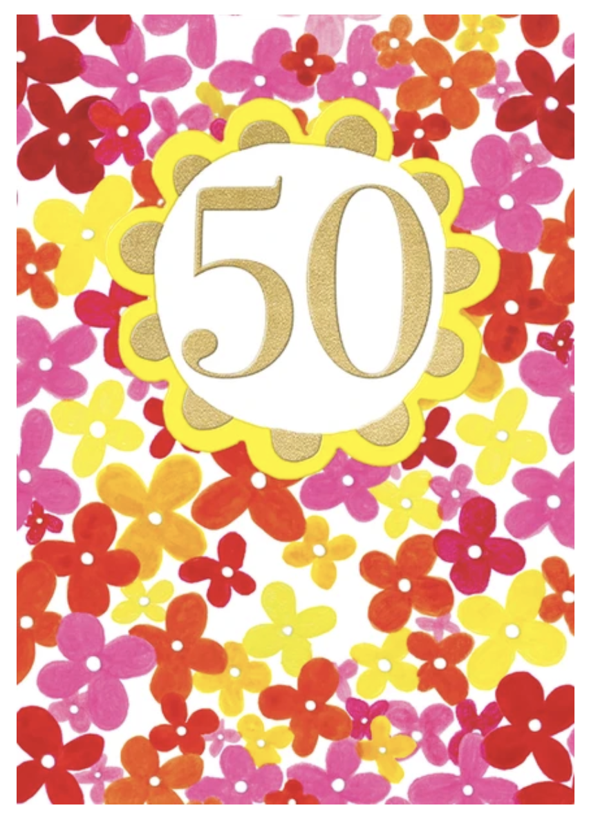 50th Birthday Card – Floral with Gold Foil &amp; Embossing