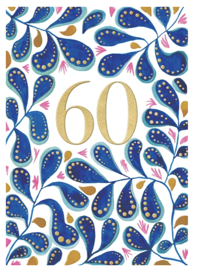 60th Birthday Card – Blue Floral with Gold Foil &amp; Embossing