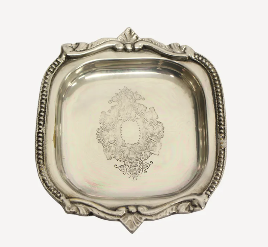 Small Square Silver Tray with Beading – Decorative Brass Tray