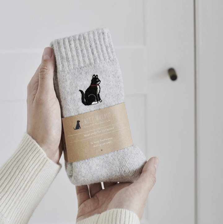 Sweet William Wool Socks - Black and White Cat