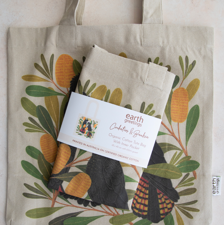 Tote Bag with Pocket - Cockatoos & Banksia
