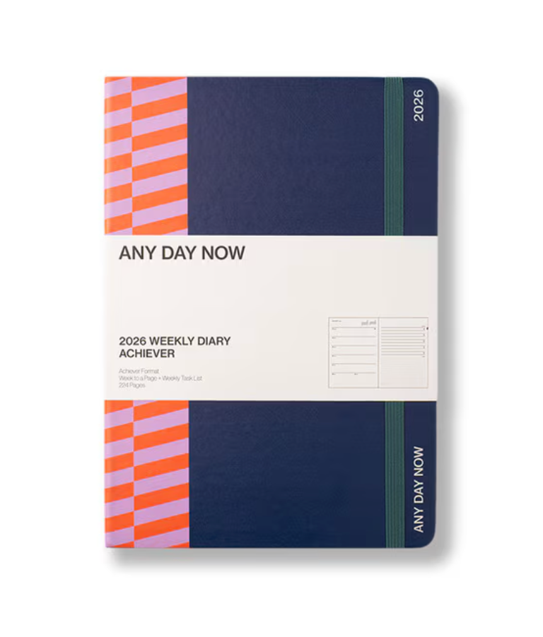 Any Day Now 2026 A5, Weekly Achiever Diary - Navy & Tangerine