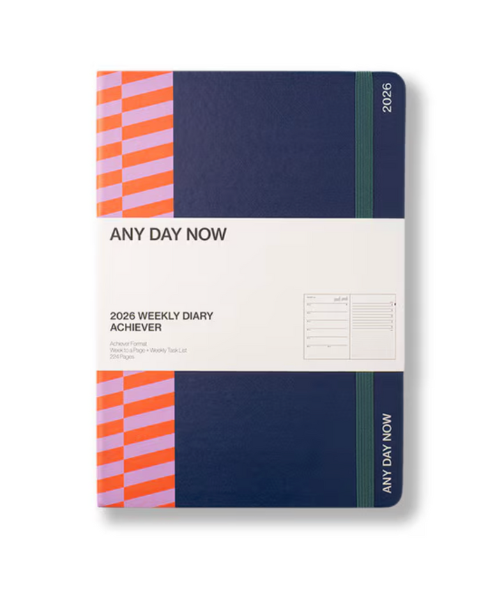 Any Day Now 2026 A5, Weekly Achiever Diary - Navy & Tangerine