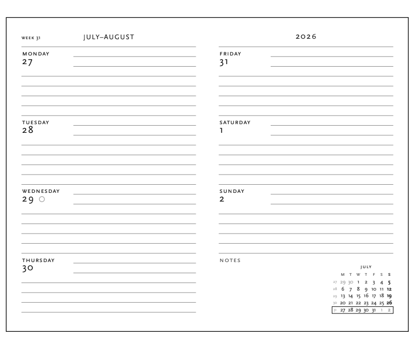 2026 Garnet, Mini, Horizontal, Flexi Weekly Diary