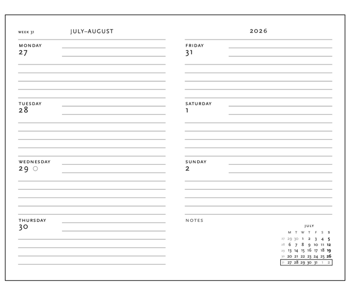 2026 Garnet, Mini, Horizontal, Flexi Weekly Diary