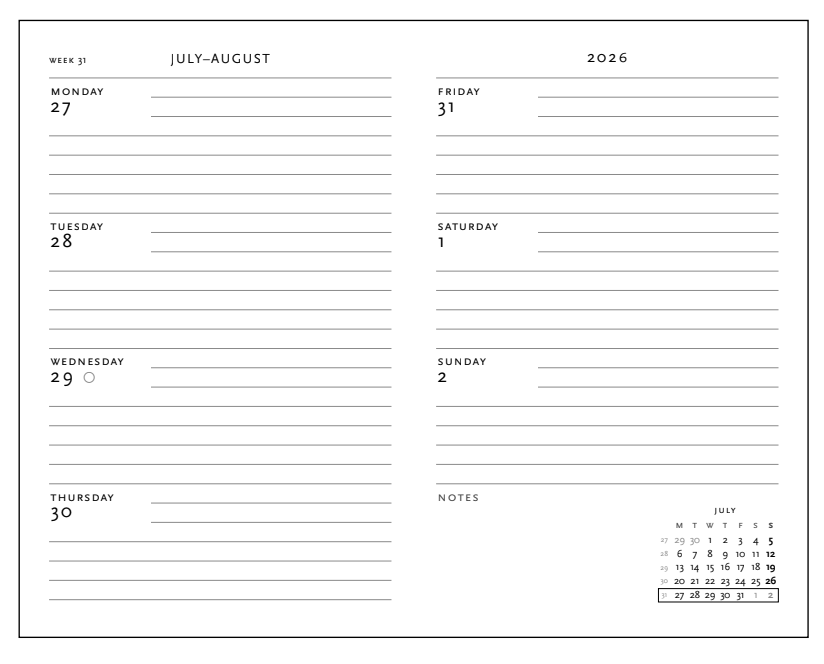 2026 Skybird, Midi, Horizontal, Flexi Weekly Diary