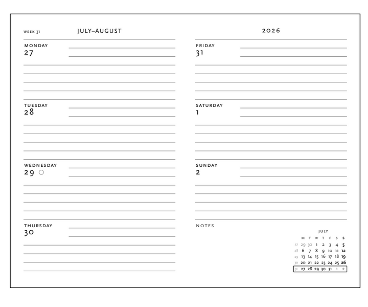 2026 Michelangelo, Handwriting, Midi, Horizontal, Hardcover Weely Diary