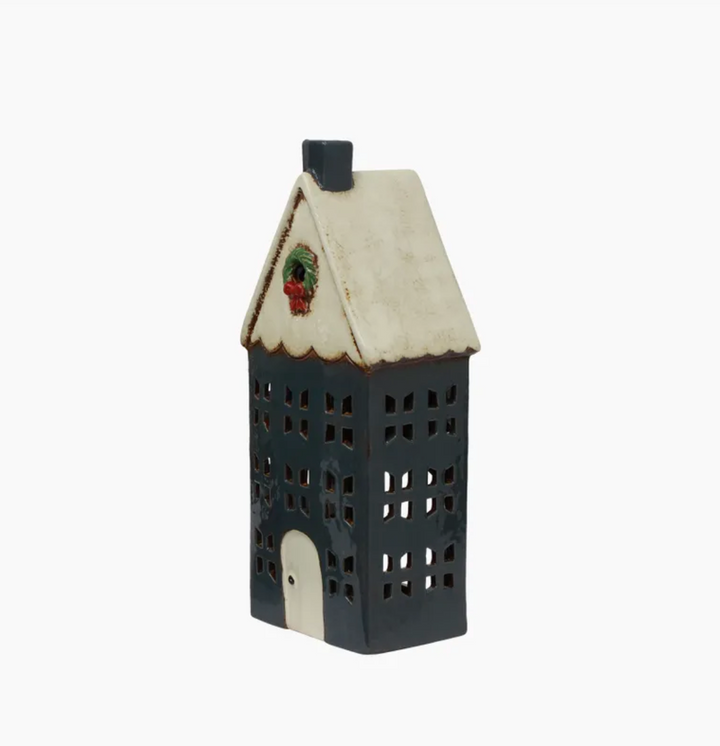 Christmas Tea Light House Blue with Wreath Large