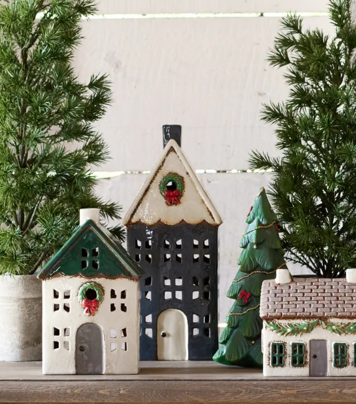 Christmas Tea Light House Blue with Wreath Large