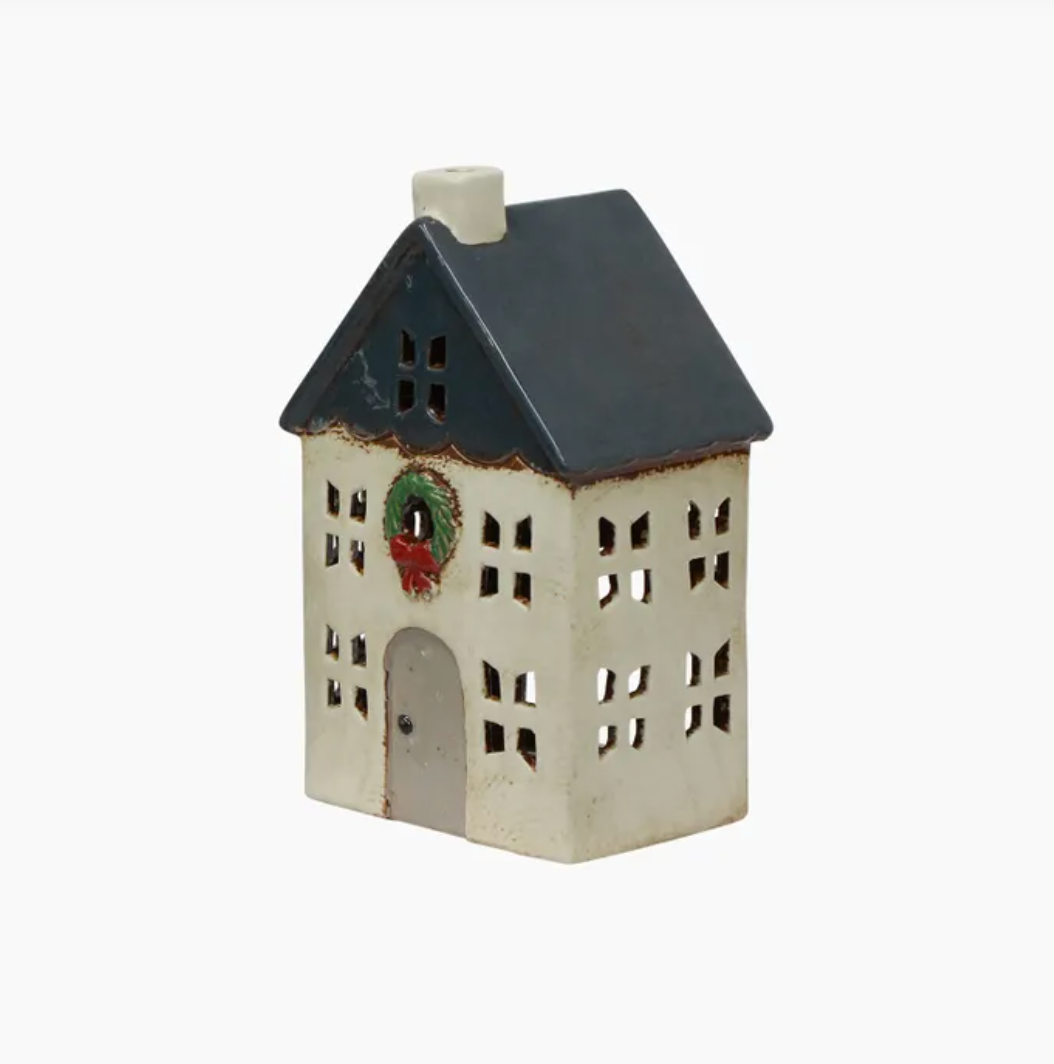 Chistmas Tea Light House Blue with Wreath Small