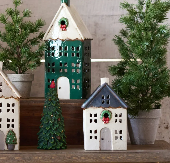 Chistmas Tea Light House Blue with Wreath Small