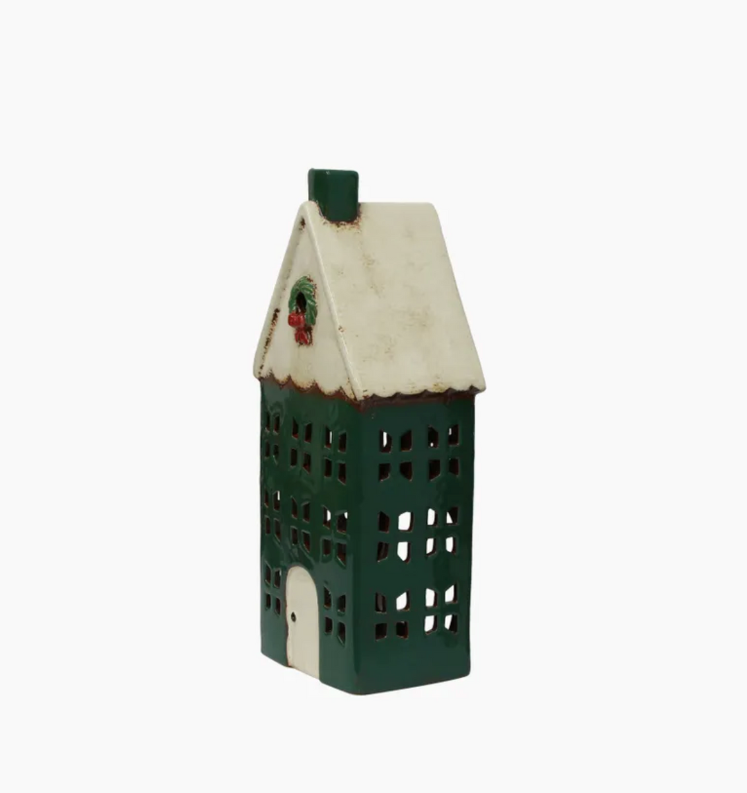 Christmas Tea Light House Green with Wreath Large
