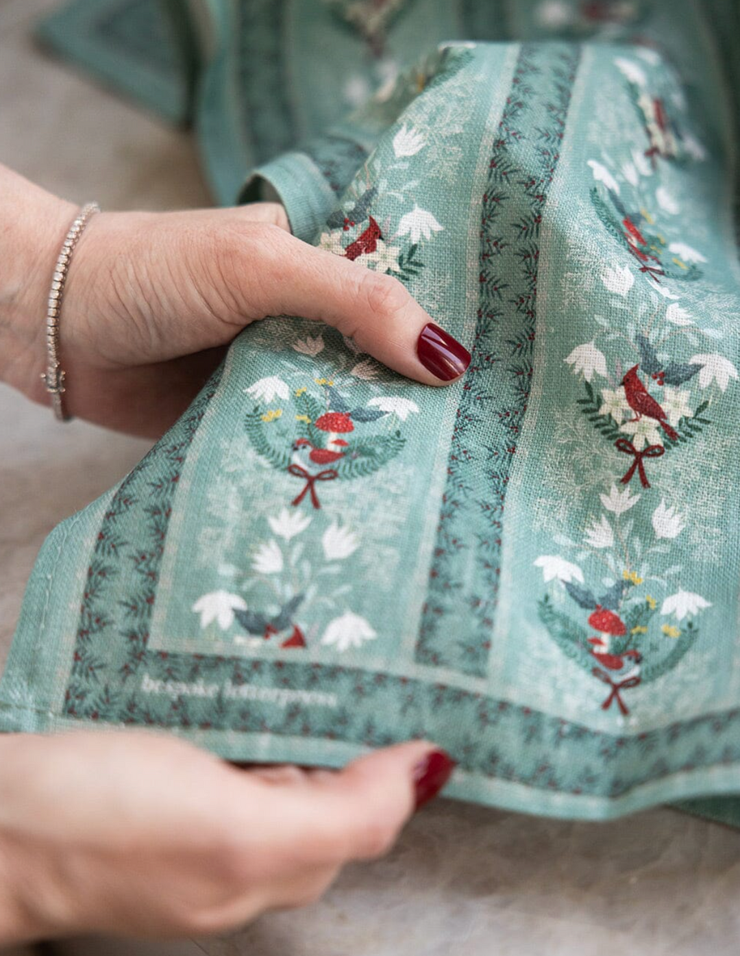 Bespoke Linen Tea Towel - Christmas Songbirds