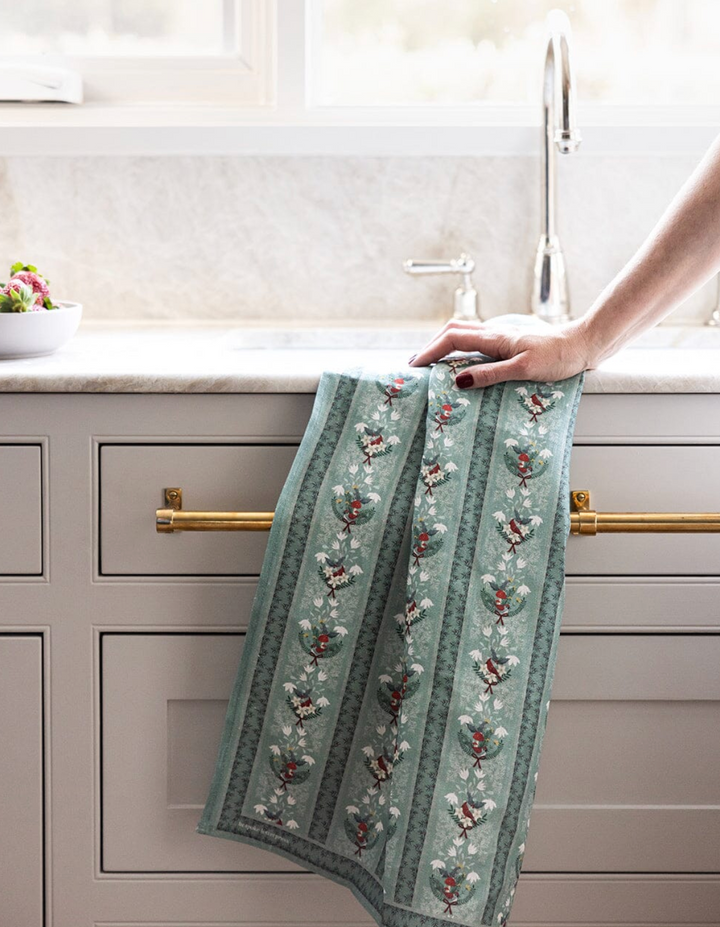 Bespoke Linen Tea Towel - Christmas Songbirds