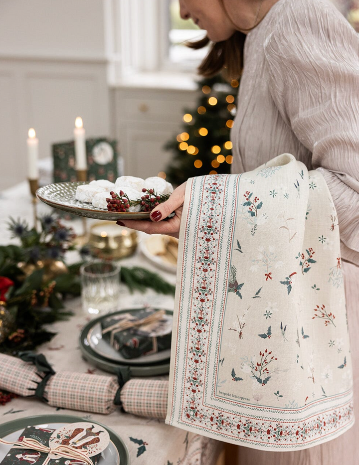 Bespoke Linen Tea Towel - Heirloom Christmas Holly