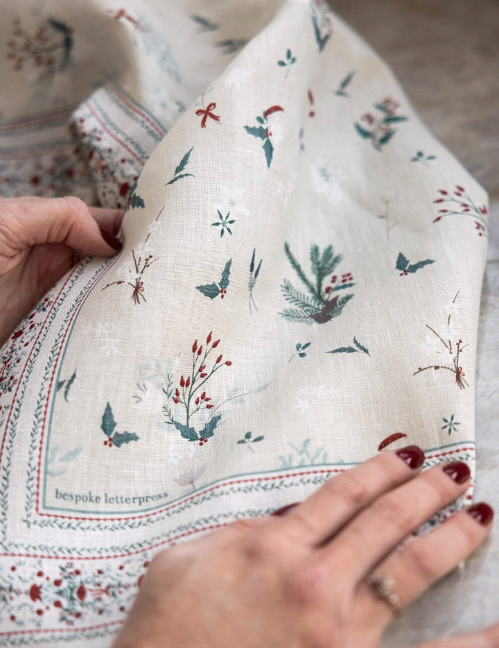 Bespoke Linen Tea Towel - Heirloom Christmas Holly