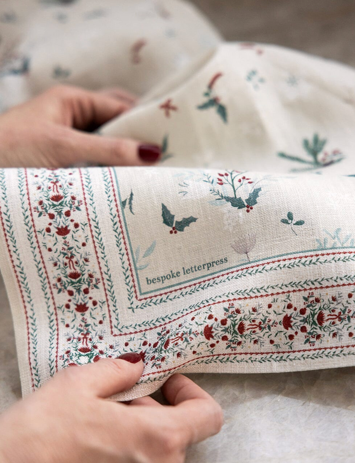 Bespoke Linen Tea Towel - Heirloom Christmas Holly