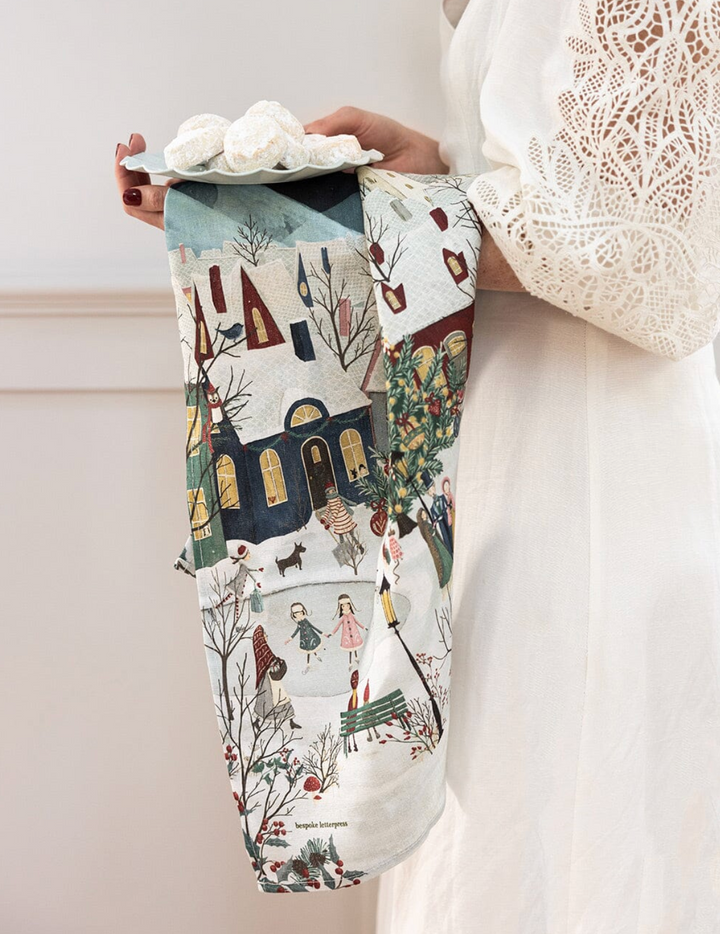 Bespoke Linen Tea Towel - The Christmas Village