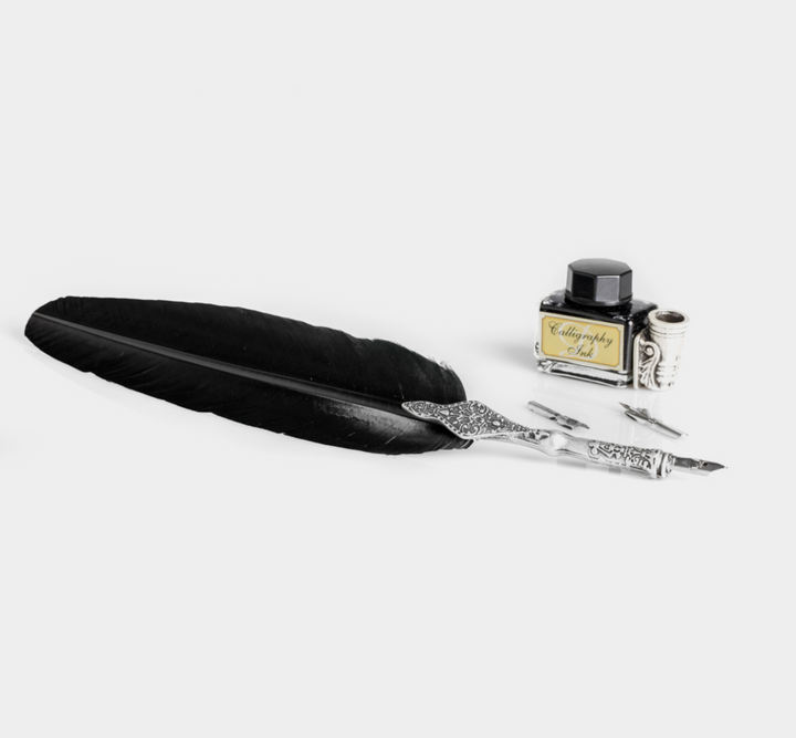 Feather Pen Set with Holder - Black