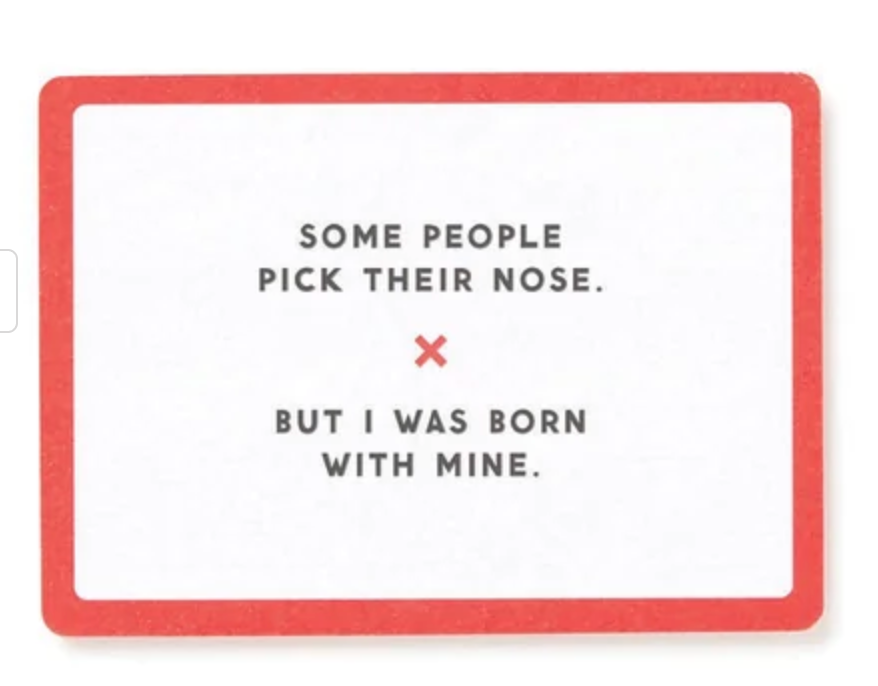 Card with humorous text about picking one's nose, framed by a red border.