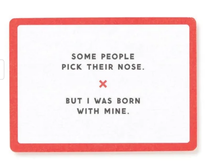 Card with humorous text about picking one's nose, framed by a red border.